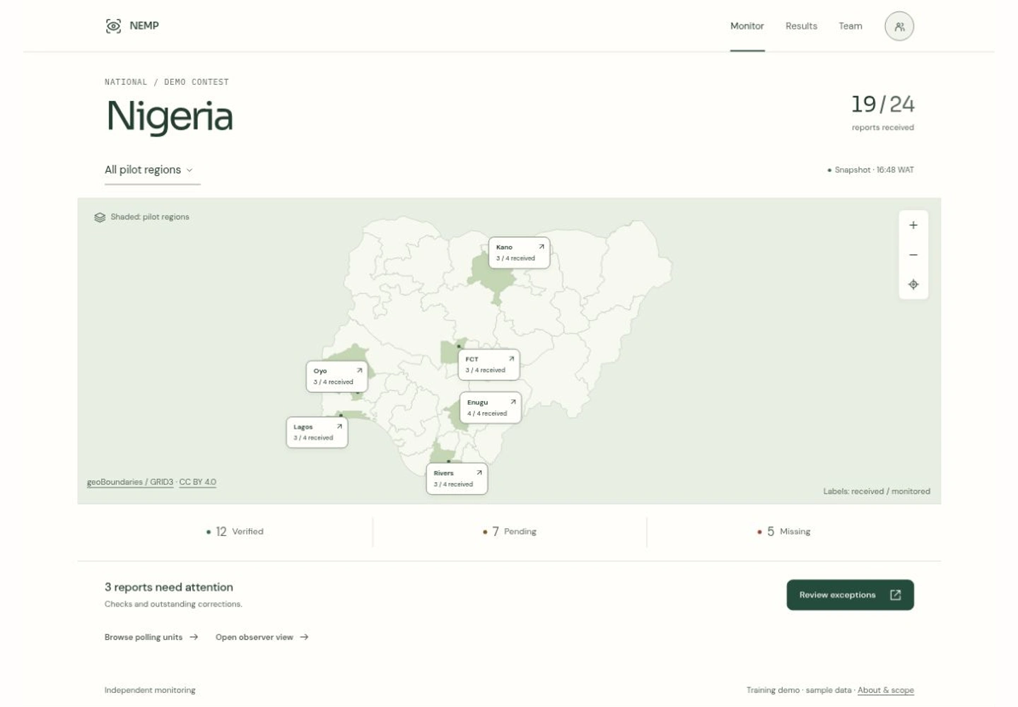 Approved Monitor interface with a geographic map and fictional received, verified, pending and missing statuses